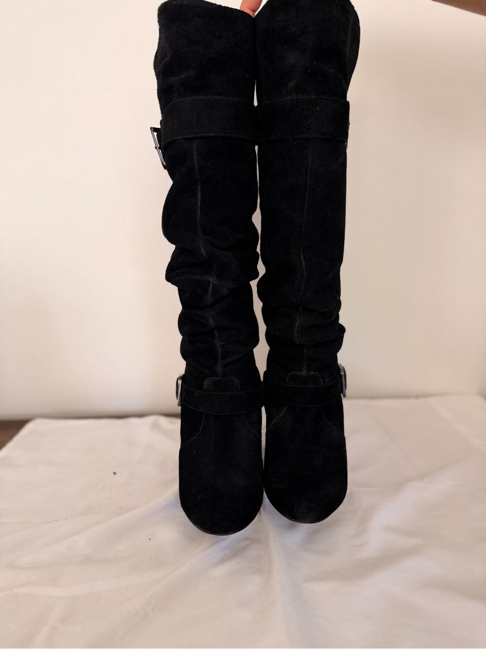 Over-the-Knee Black Suede Women’s Boots with Buckle Detail